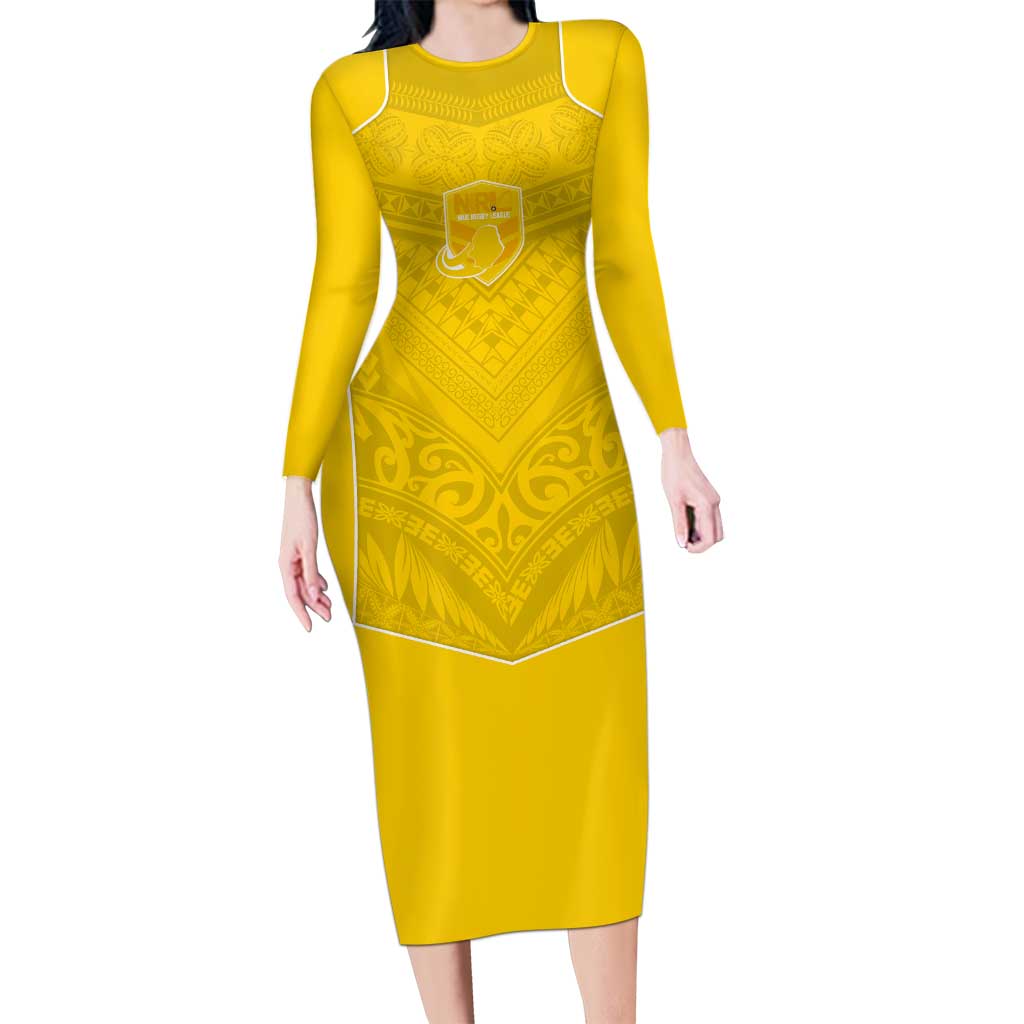 Custom Niue Rugby Long Sleeve Bodycon Dress Hiapo Tribal Motifs Sporty Style - Polynesian Pride