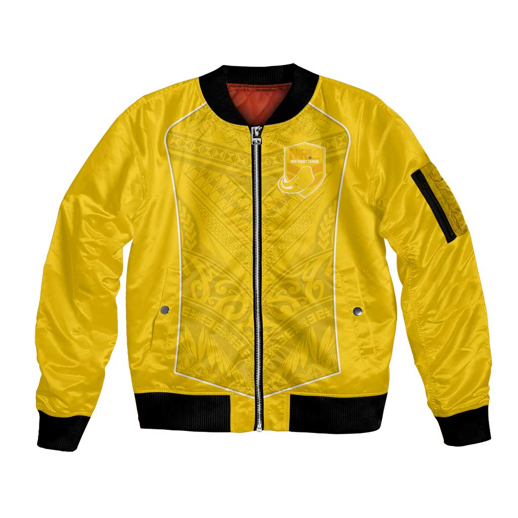 Custom Niue Rugby Sleeve Zip Bomber Jacket Hiapo Tribal Motifs Sporty Style - Polynesian Pride