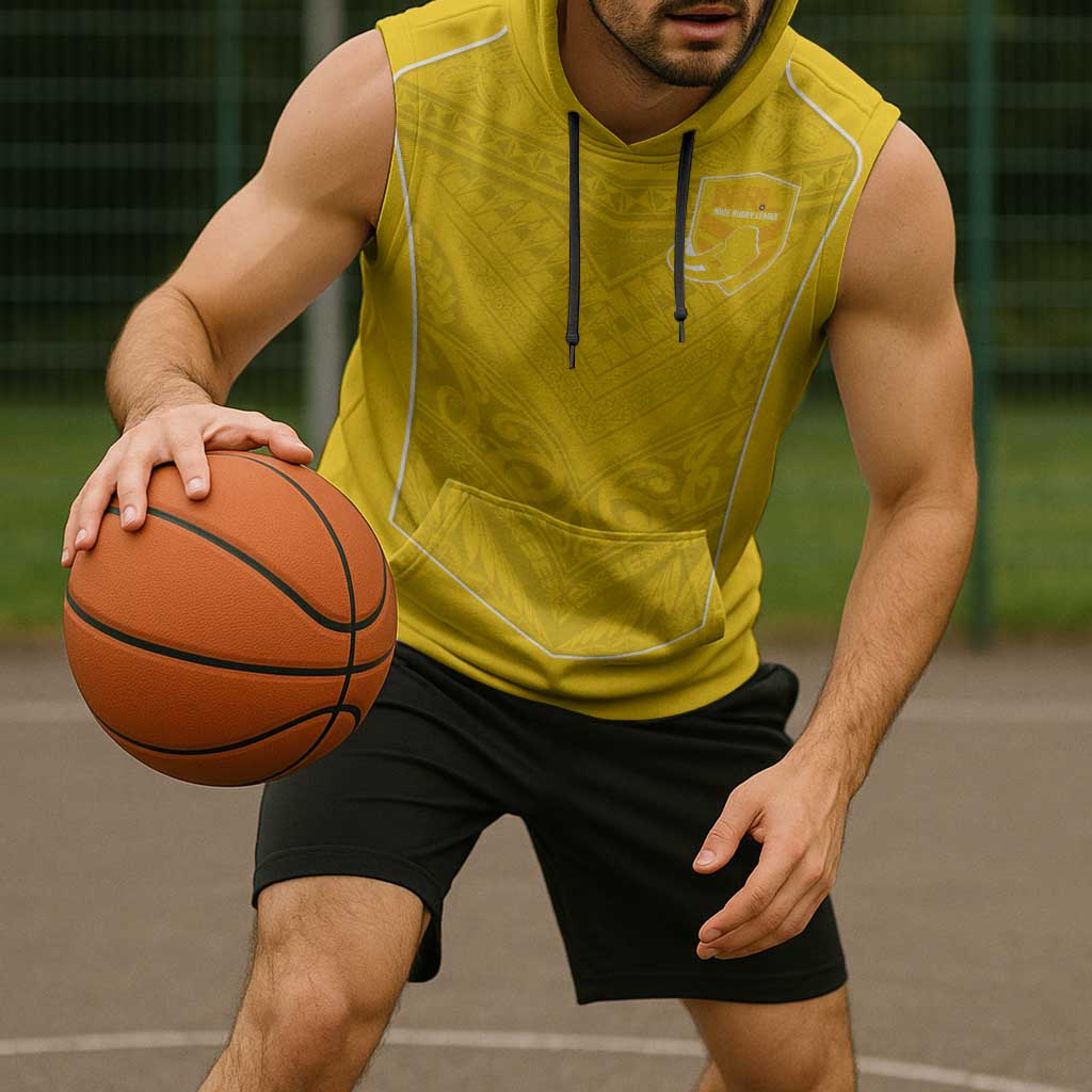 Custom Niue Rugby Sleeveless Hoodie Hiapo Tribal Motifs Sporty Style - Polynesian Pride