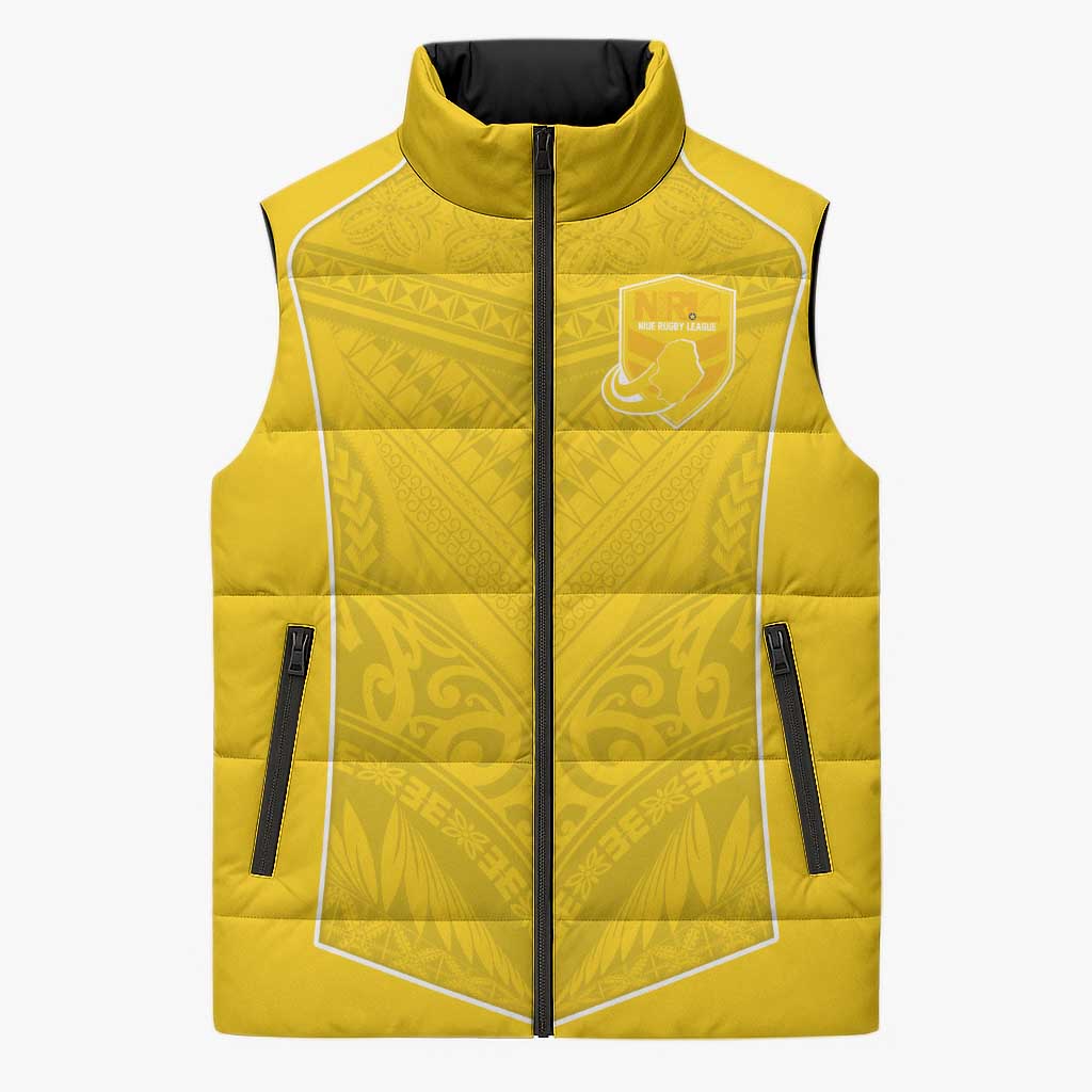 Custom Niue Rugby Sleeveless Puffer Jacket Hiapo Tribal Motifs Sporty Style LT03 Unisex Yellow - Polynesian Pride