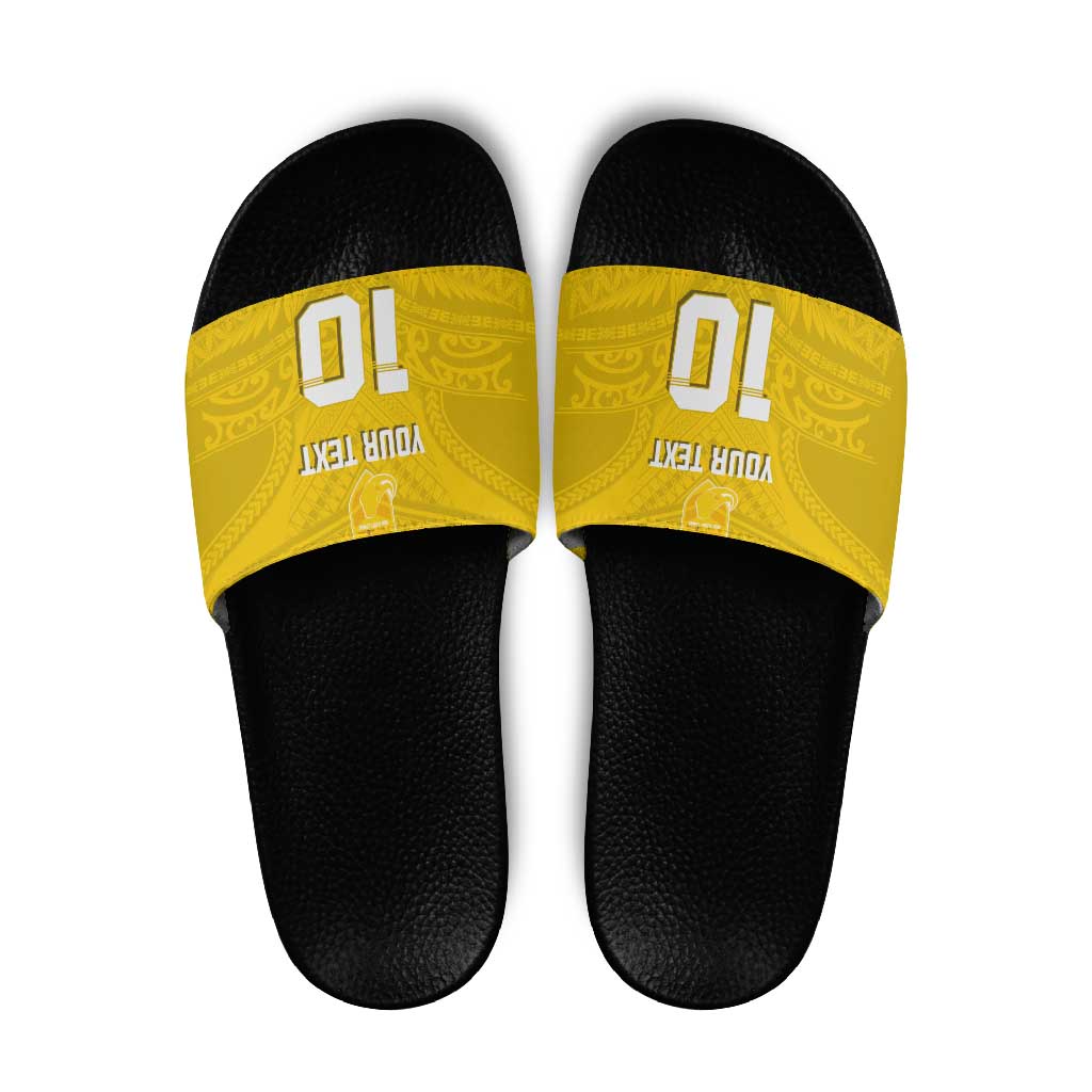 Custom Niue Rugby Slide Sandals Hiapo Tribal Motifs Sporty Style LT03 Yellow - Polynesian Pride