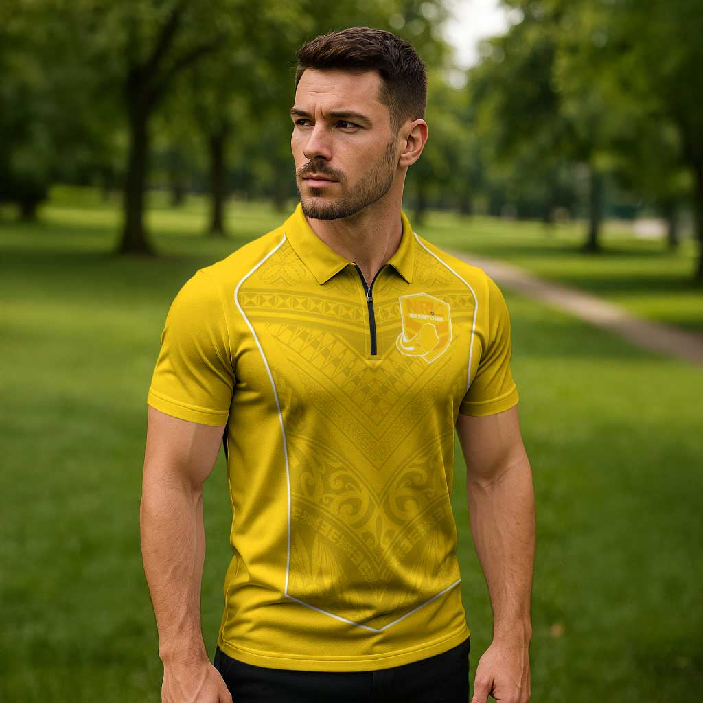 Custom Niue Rugby Zipper Polo Shirt Hiapo Tribal Motifs Sporty Style - Polynesian Pride