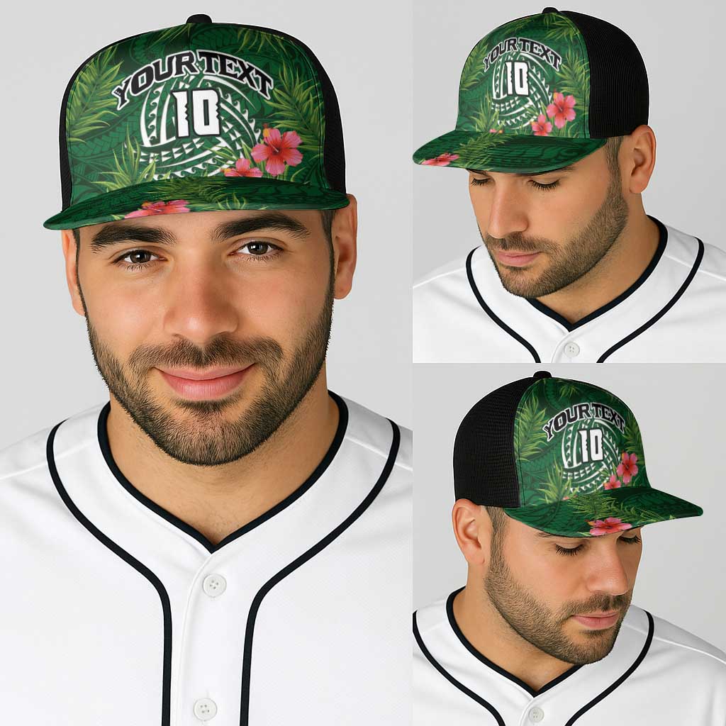 Custom Hawaii Volleyball Baseball Net Cap Kakau Abstract and Tropical Plants Green Color - Polynesian Pride
