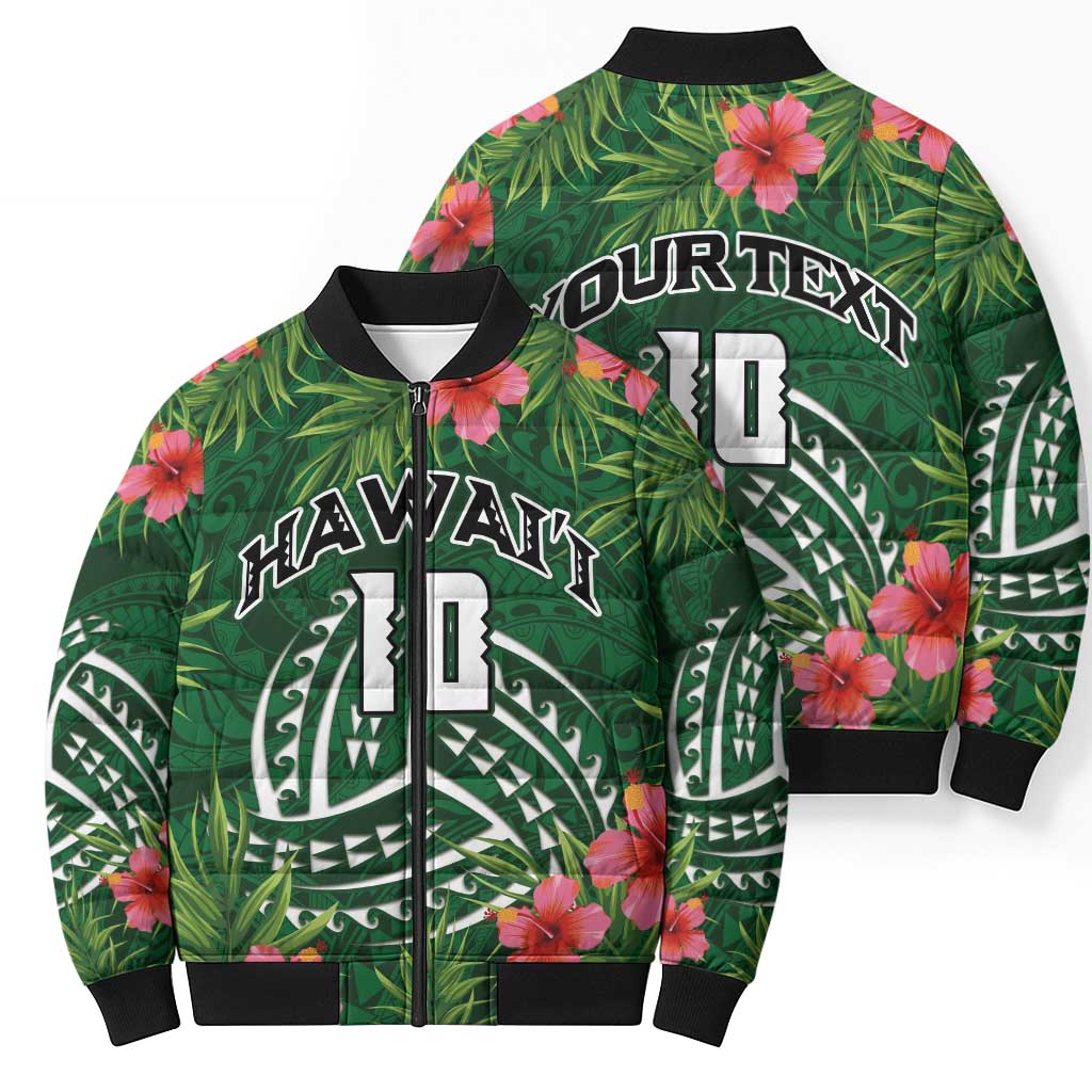Custom Hawaii Volleyball Bomber Puffer Jacket Kakau Abstract and Tropical Plants Green Color - Polynesian Pride