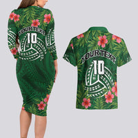 Custom Hawaii Volleyball Couples Matching Long Sleeve Bodycon Dress and Hawaiian Shirt Kakau Abstract and Tropical Plants Green Color - Polynesian Pride