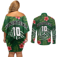Custom Hawaii Volleyball Couples Matching Off Shoulder Short Dress and Long Sleeve Button Shirt Kakau Abstract and Tropical Plants Green Color - Polynesian Pride