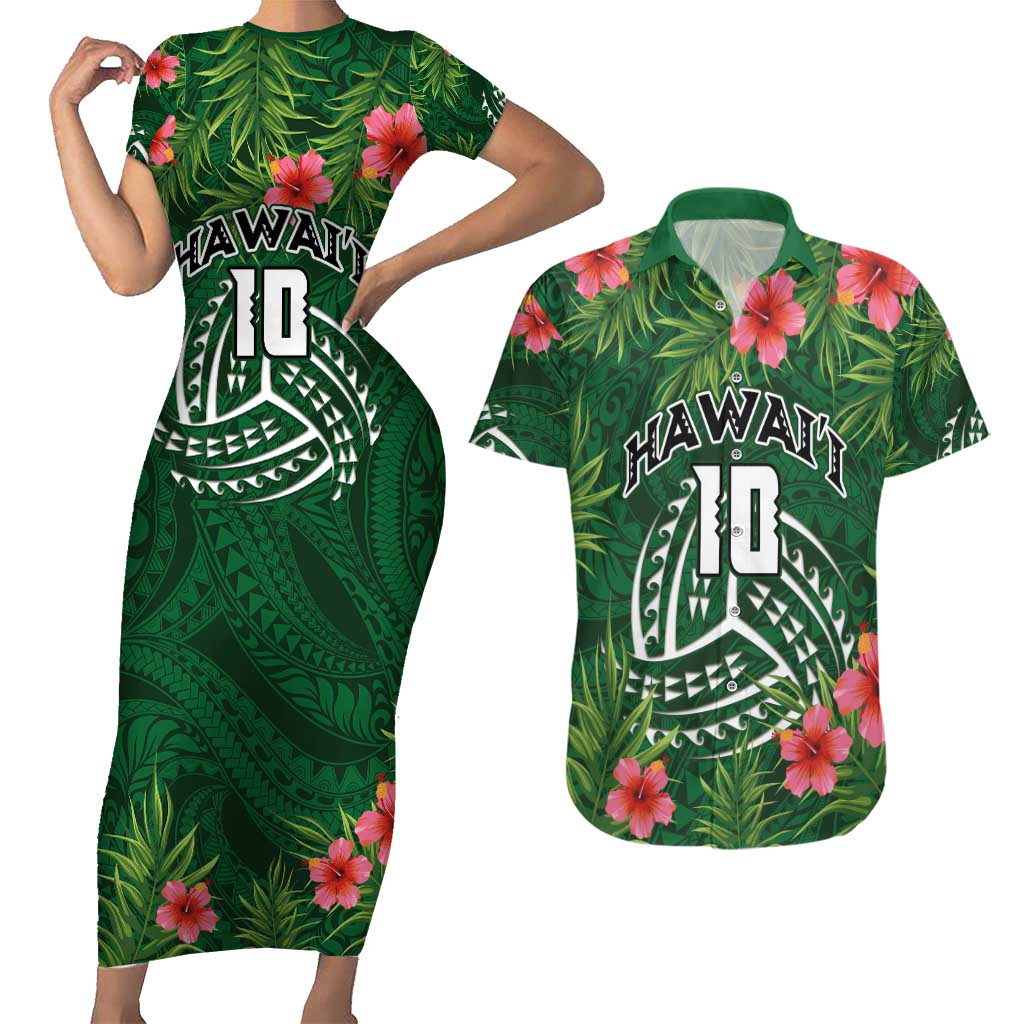 Custom Hawaii Volleyball Couples Matching Short Sleeve Bodycon Dress and Hawaiian Shirt Kakau Abstract and Tropical Plants Green Color - Polynesian Pride