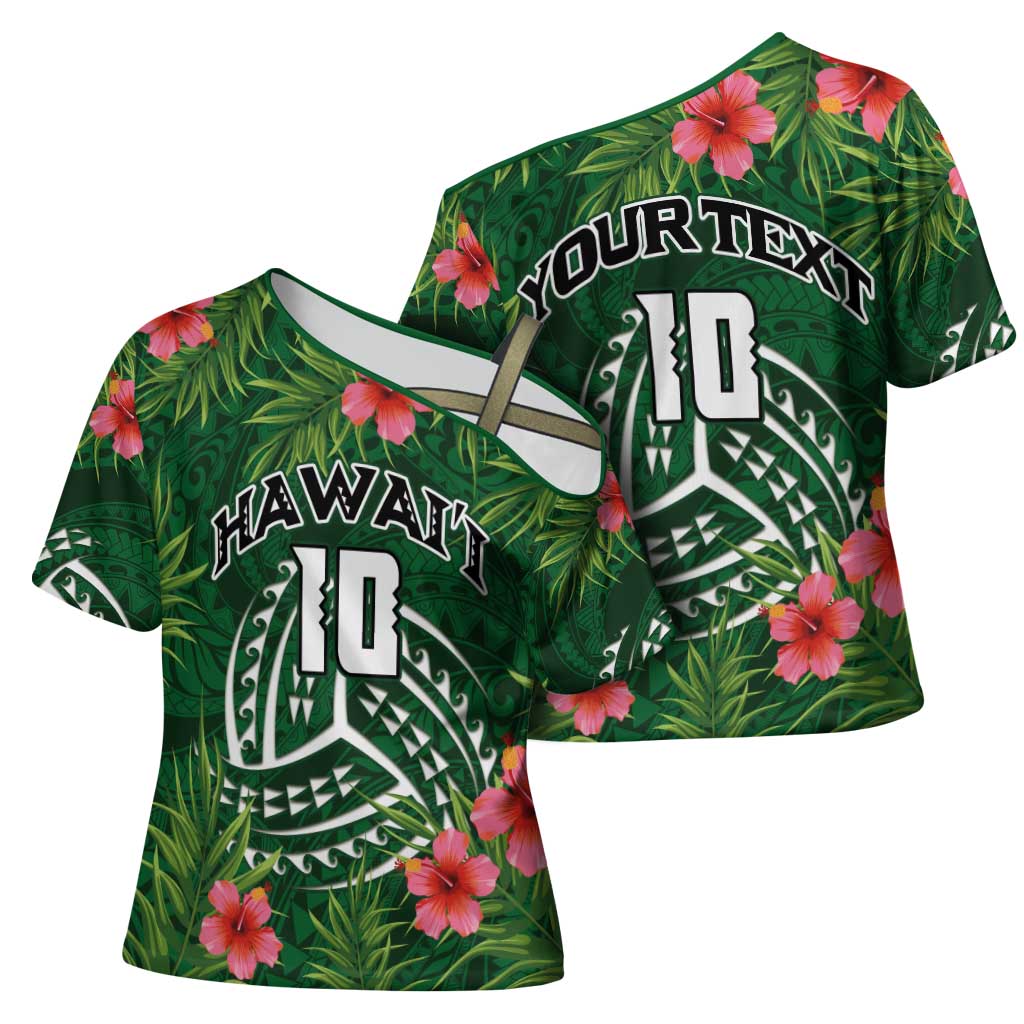 Custom Hawaii Volleyball Cross Shoulder Shirt Kakau Abstract and Tropical Plants Green Color - Polynesian Pride