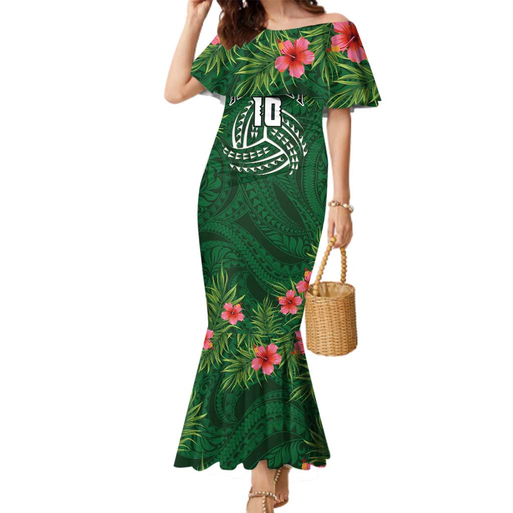 Custom Hawaii Volleyball Family Matching Mermaid Dress and Hawaiian Shirt Kakau Abstract and Tropical Plants Green Color - Polynesian Pride