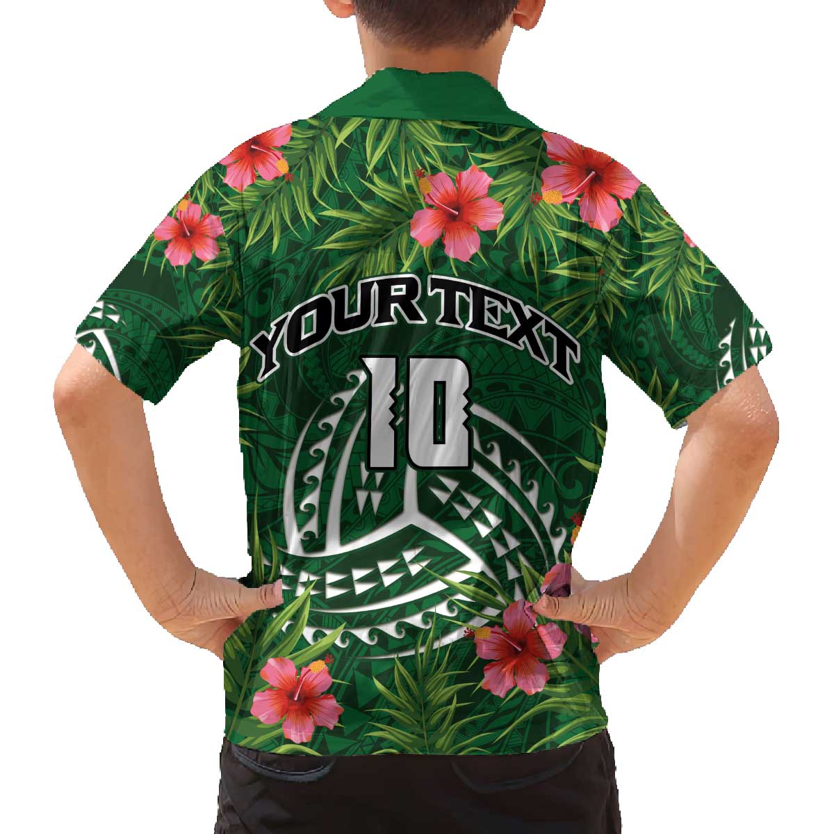 Custom Hawaii Volleyball Family Matching Off The Shoulder Long Sleeve Dress and Hawaiian Shirt Kakau Abstract and Tropical Plants Green Color - Polynesian Pride