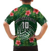 Custom Hawaii Volleyball Family Matching Off The Shoulder Long Sleeve Dress and Hawaiian Shirt Kakau Abstract and Tropical Plants Green Color - Polynesian Pride