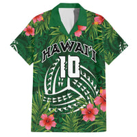 Custom Hawaii Volleyball Family Matching Off The Shoulder Long Sleeve Dress and Hawaiian Shirt Kakau Abstract and Tropical Plants Green Color - Polynesian Pride