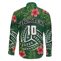 Custom Hawaii Volleyball Family Matching Off The Shoulder Long Sleeve Dress and Hawaiian Shirt Kakau Abstract and Tropical Plants Green Color - Polynesian Pride