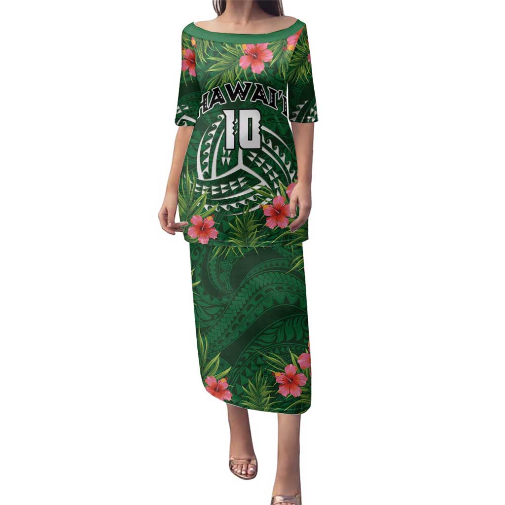 Custom Hawaii Volleyball Family Matching Puletasi and Hawaiian Shirt Kakau Abstract and Tropical Plants Green Color - Polynesian Pride