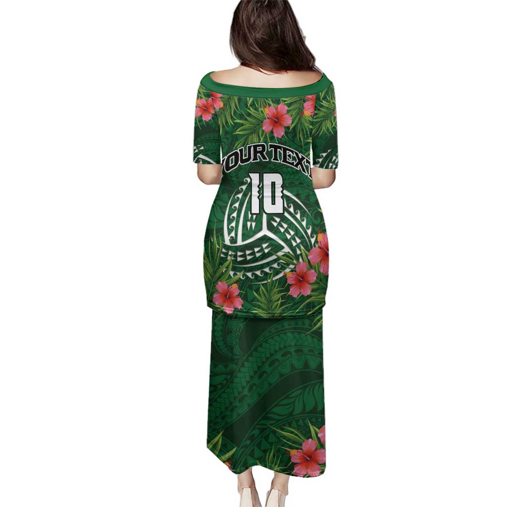 Custom Hawaii Volleyball Family Matching Puletasi and Hawaiian Shirt Kakau Abstract and Tropical Plants Green Color - Polynesian Pride