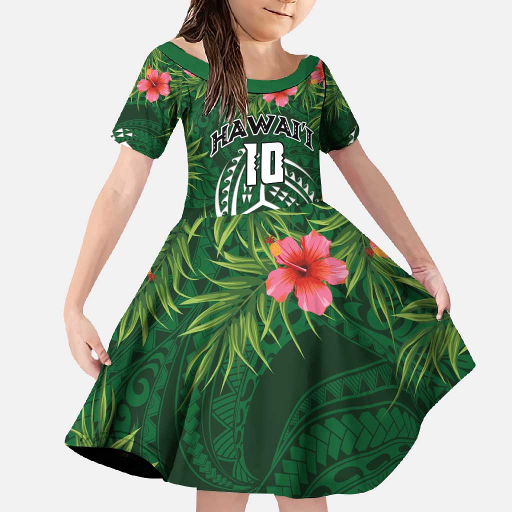 Custom Hawaii Volleyball Family Matching Short Sleeve Bodycon Dress and Hawaiian Shirt Kakau Abstract and Tropical Plants Green Color - Polynesian Pride
