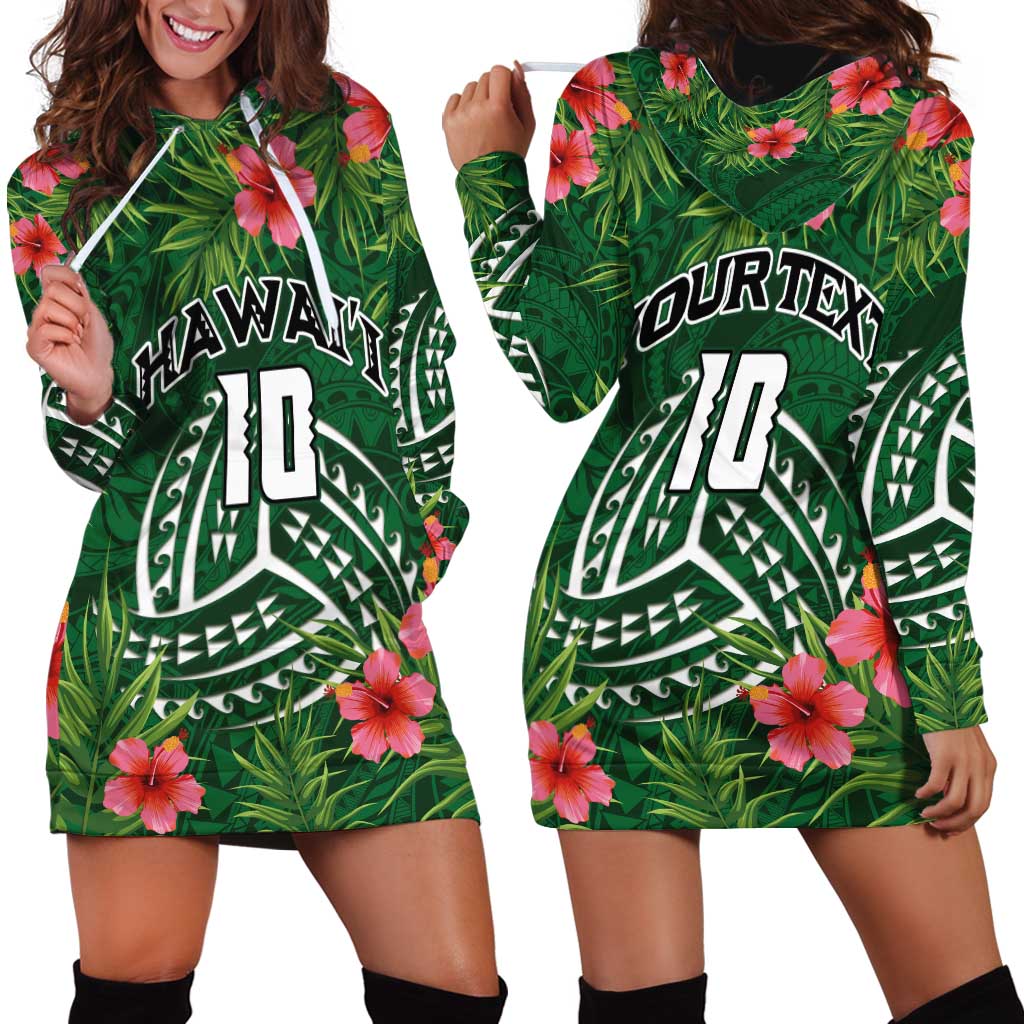 Custom Hawaii Volleyball Hoodie Dress Kakau Abstract and Tropical Plants Green Color - Polynesian Pride