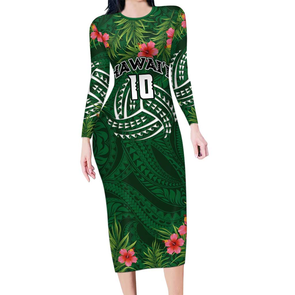 Custom Hawaii Volleyball Long Sleeve Bodycon Dress Kakau Abstract and Tropical Plants Green Color - Polynesian Pride