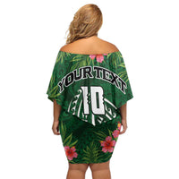 Custom Hawaii Volleyball Off Shoulder Short Dress Kakau Abstract and Tropical Plants Green Color - Polynesian Pride