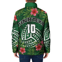 Custom Hawaii Volleyball Padded Jacket Kakau Abstract and Tropical Plants Green Color - Polynesian Pride