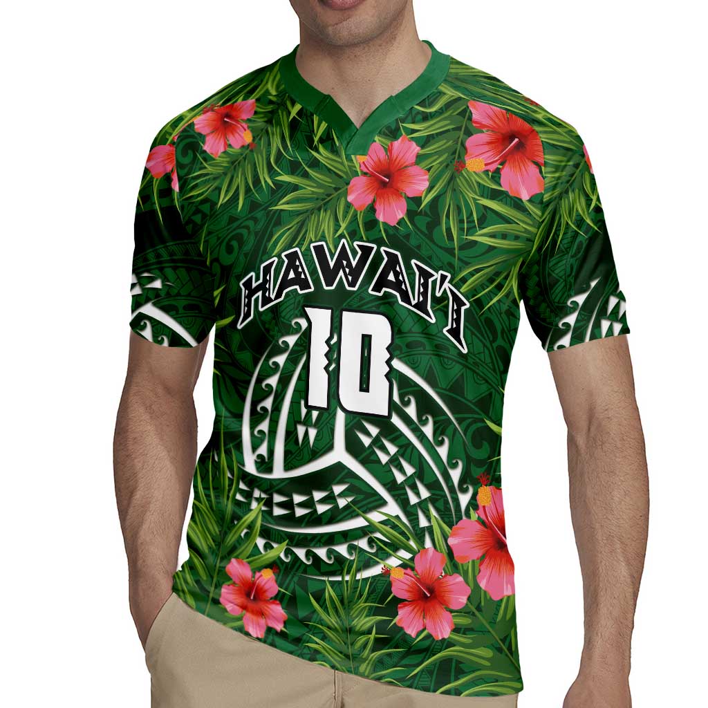 Custom Hawaii Volleyball Rugby Jersey Kakau Abstract and Tropical Plants Green Color - Polynesian Pride