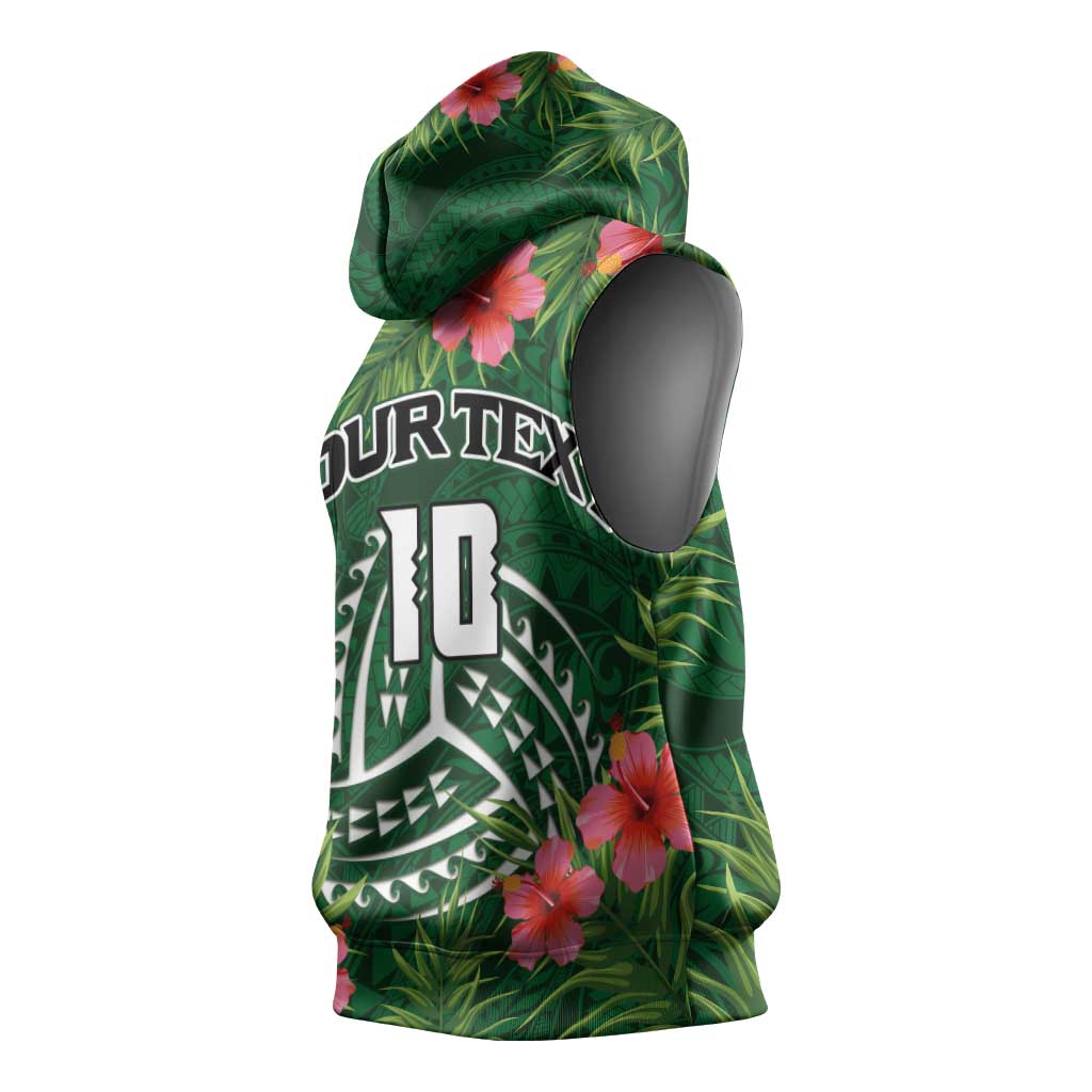 Custom Hawaii Volleyball Sleeveless Hoodie Kakau Abstract and Tropical Plants Green Color - Polynesian Pride