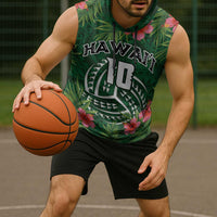 Custom Hawaii Volleyball Sleeveless Hoodie Kakau Abstract and Tropical Plants Green Color - Polynesian Pride