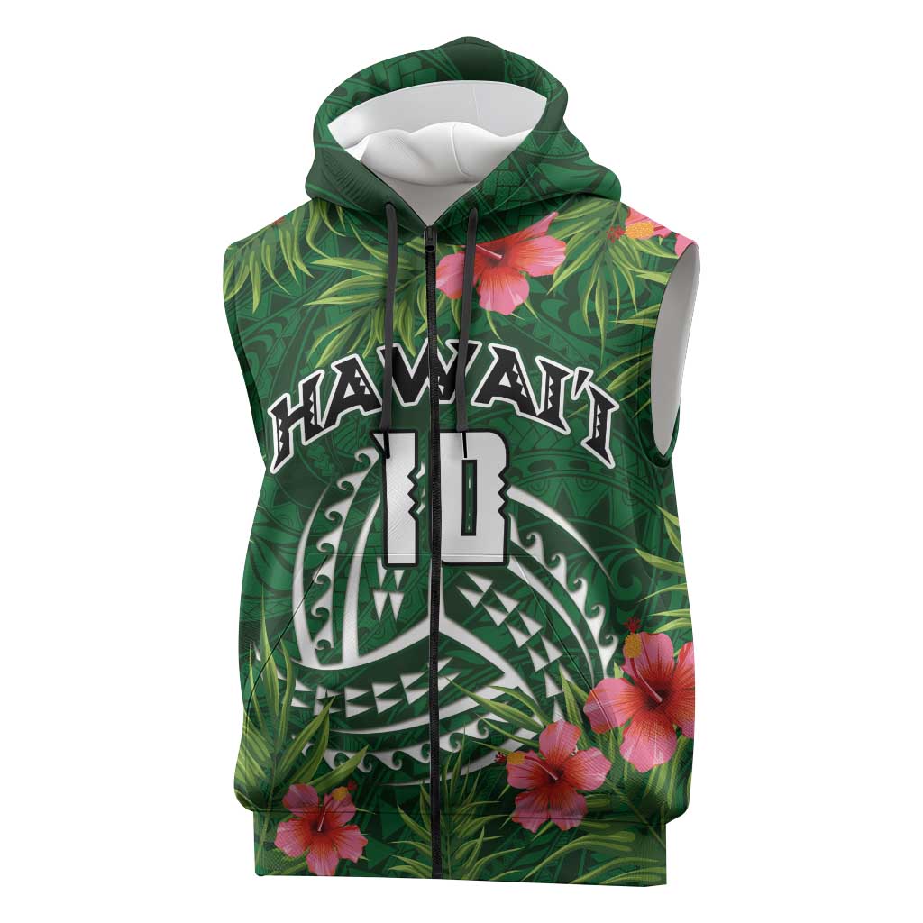 Custom Hawaii Volleyball Sleeveless Zip Hoodie Kakau Abstract and Tropical Plants Green Color - Polynesian Pride