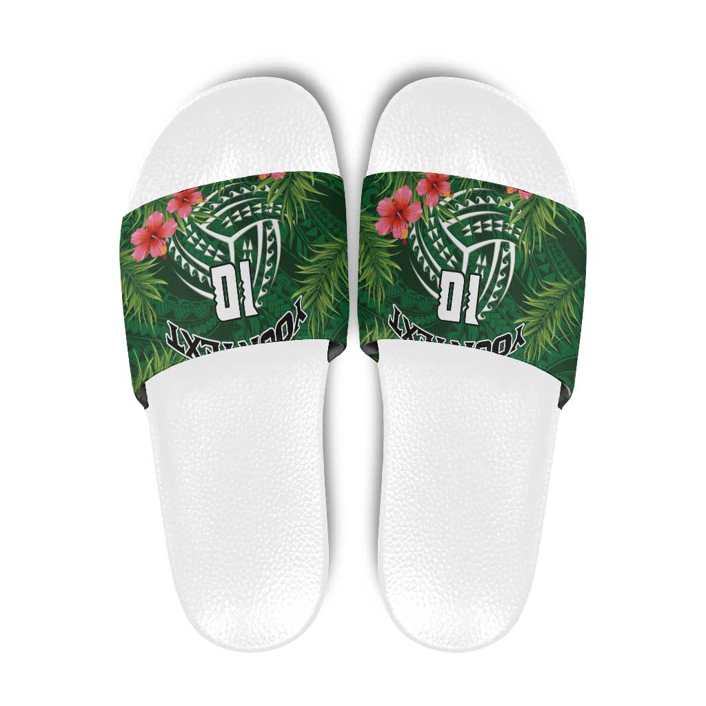 Custom Hawaii Volleyball Slide Sandals Kakau Abstract and Tropical Plants Green Color - Polynesian Pride