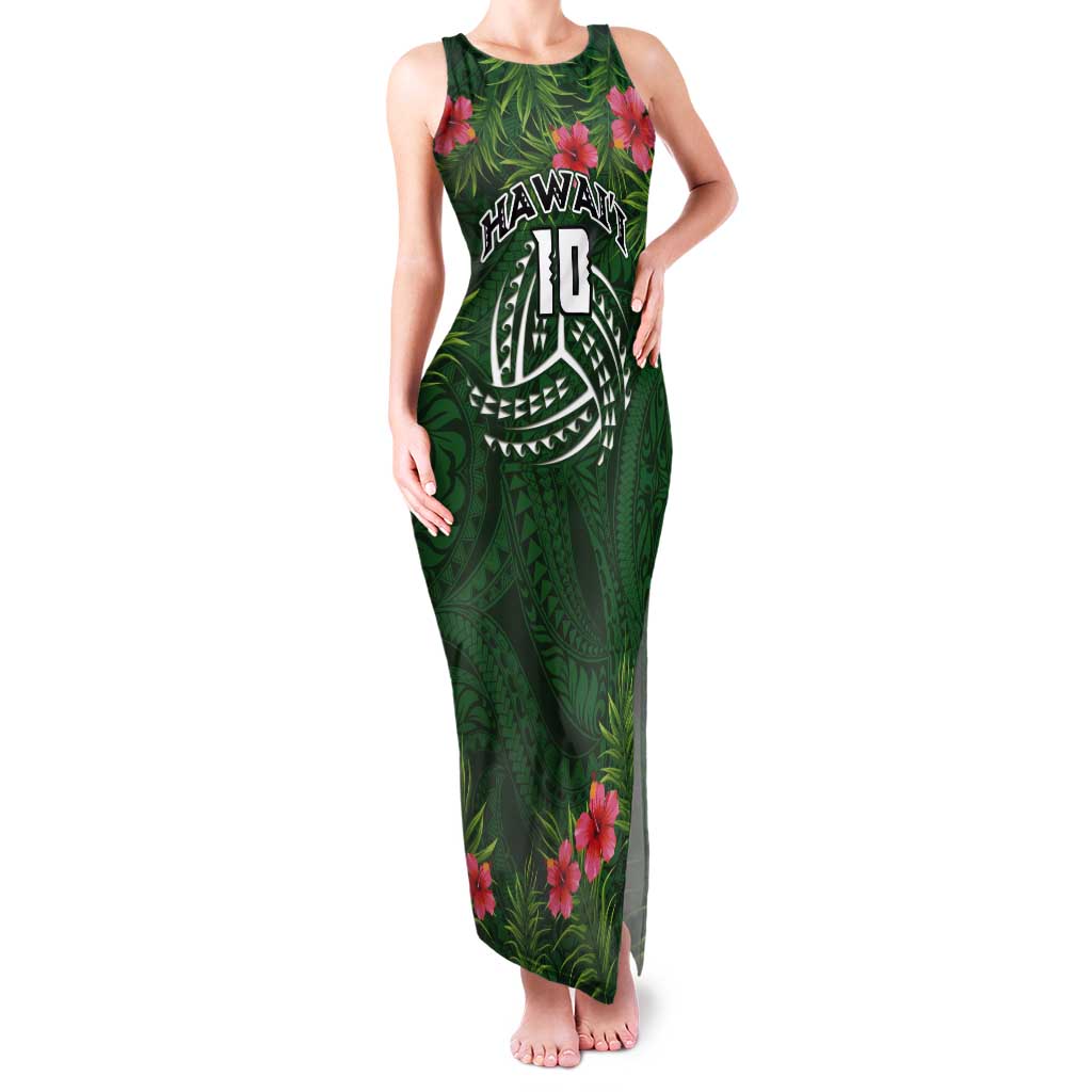 Custom Hawaii Volleyball Tank Maxi Dress Kakau Abstract and Tropical Plants Green Color - Polynesian Pride