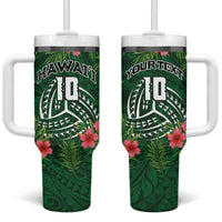 Custom Hawaii Volleyball Tumbler With Handle Kakau Abstract and Tropical Plants Green Color - Polynesian Pride