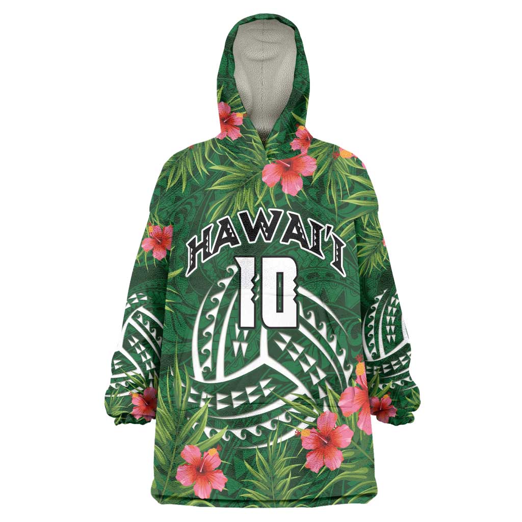 Custom Hawaii Volleyball Wearable Blanket Hoodie Kakau Abstract and Tropical Plants Green Color - Polynesian Pride
