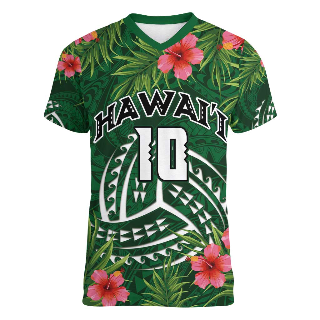 Custom Hawaii Volleyball Women V-Neck T-Shirt Kakau Abstract and Tropical Plants Green Color - Polynesian Pride