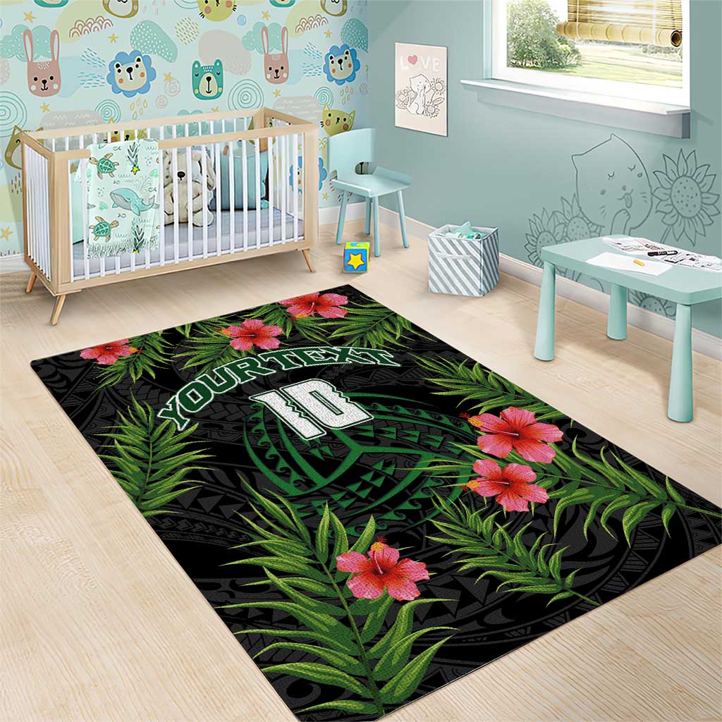 Custom Hawaii Volleyball Area Rug Kakau Abstract and Tropical Plants Black Color - Polynesian Pride