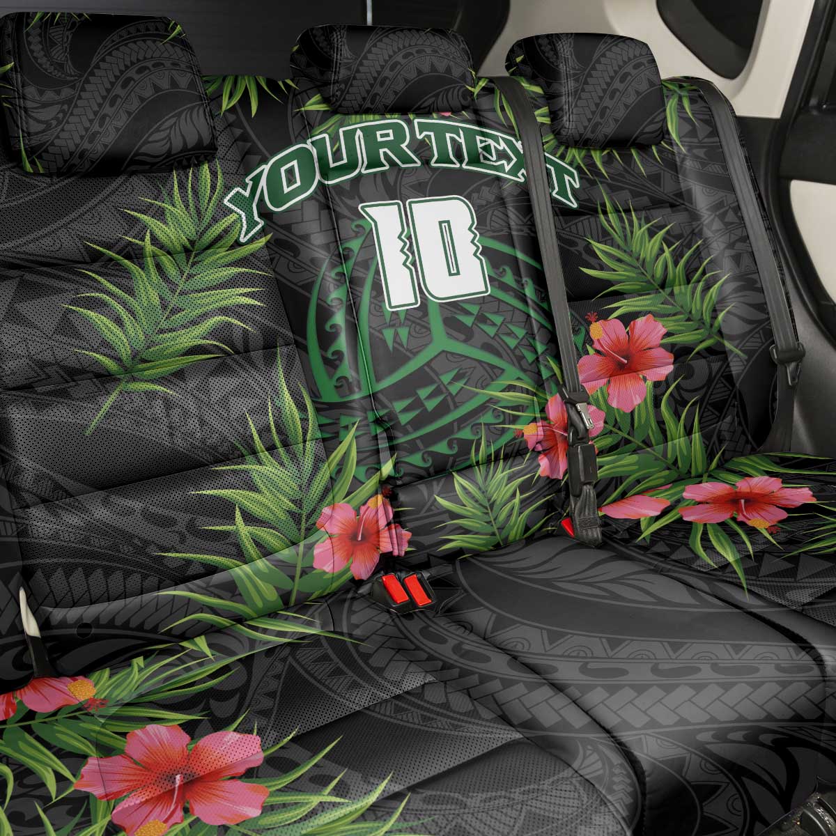 Custom Hawaii Volleyball Back Car Seat Cover Kakau Abstract and Tropical Plants Black Color - Polynesian Pride