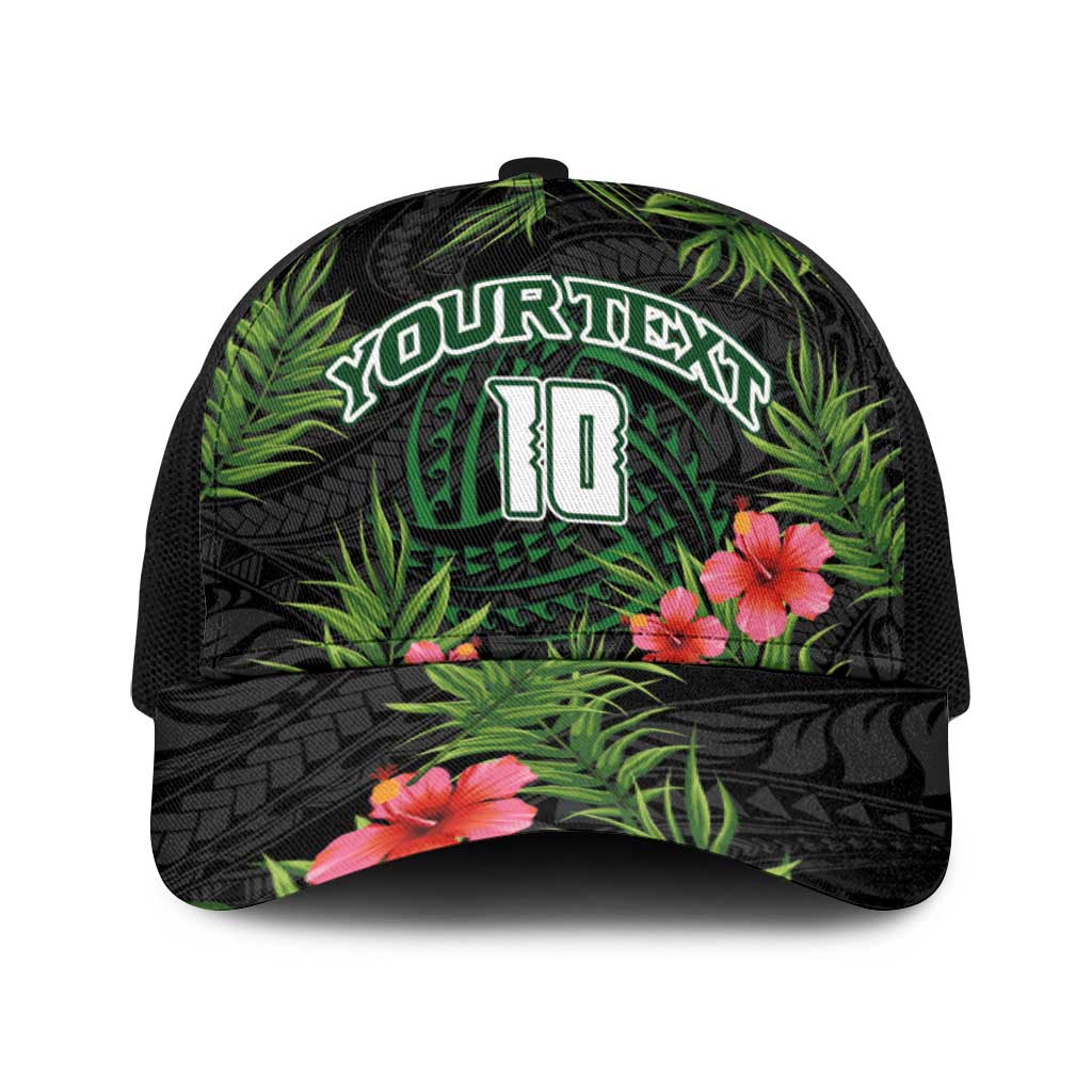 Custom Hawaii Volleyball Baseball Net Cap Kakau Abstract and Tropical Plants Black Color - Polynesian Pride