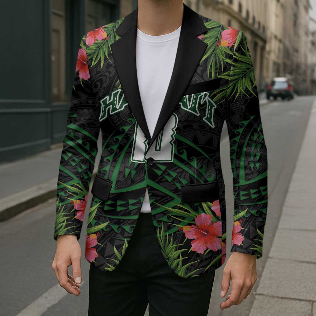 Custom Hawaii Volleyball Blazer Kakau Abstract and Tropical Plants Black Color - Polynesian Pride