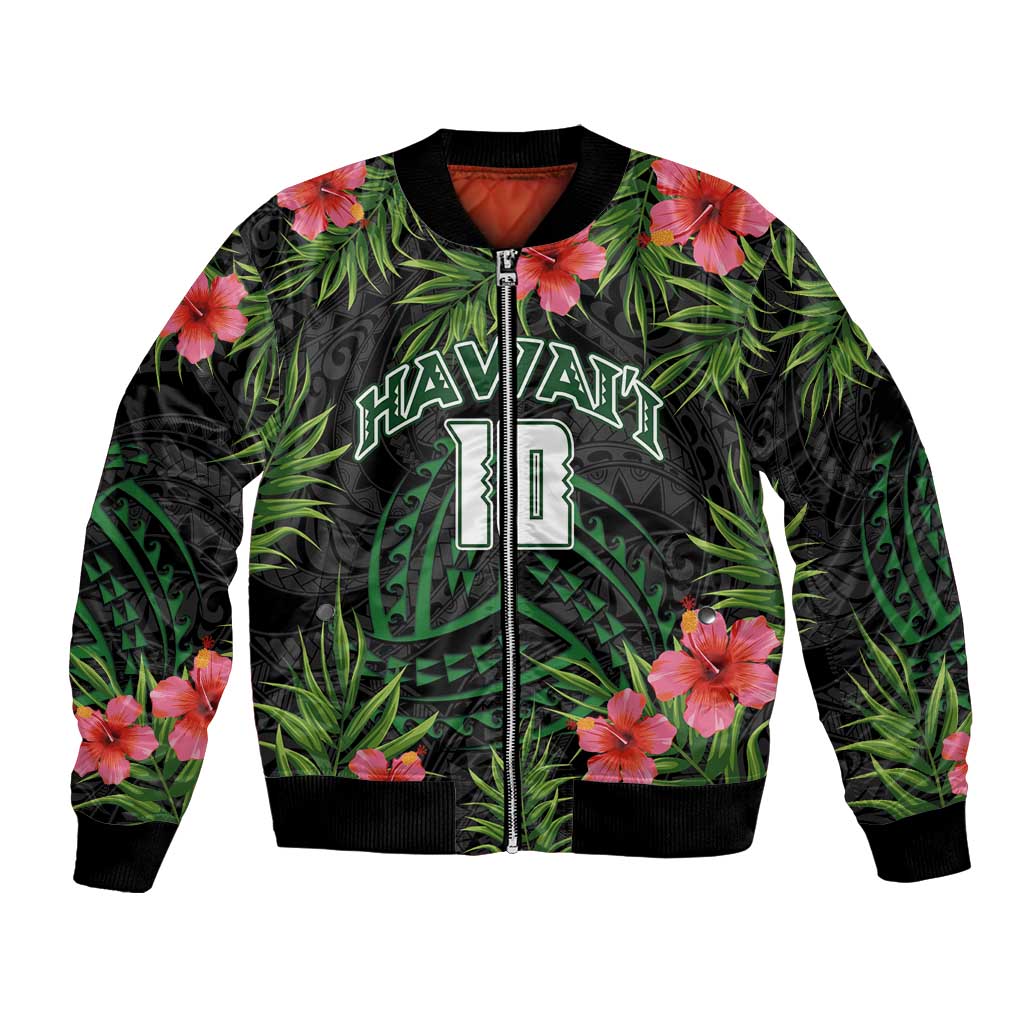 Custom Hawaii Volleyball Bomber Jacket Kakau Abstract and Tropical Plants Black Color - Polynesian Pride