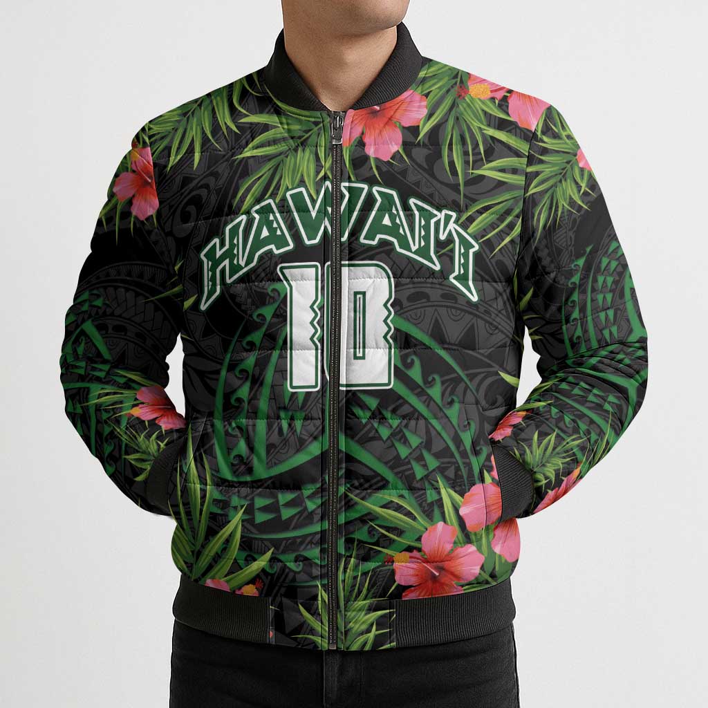 Custom Hawaii Volleyball Bomber Puffer Jacket Kakau Abstract and Tropical Plants Black Color - Polynesian Pride
