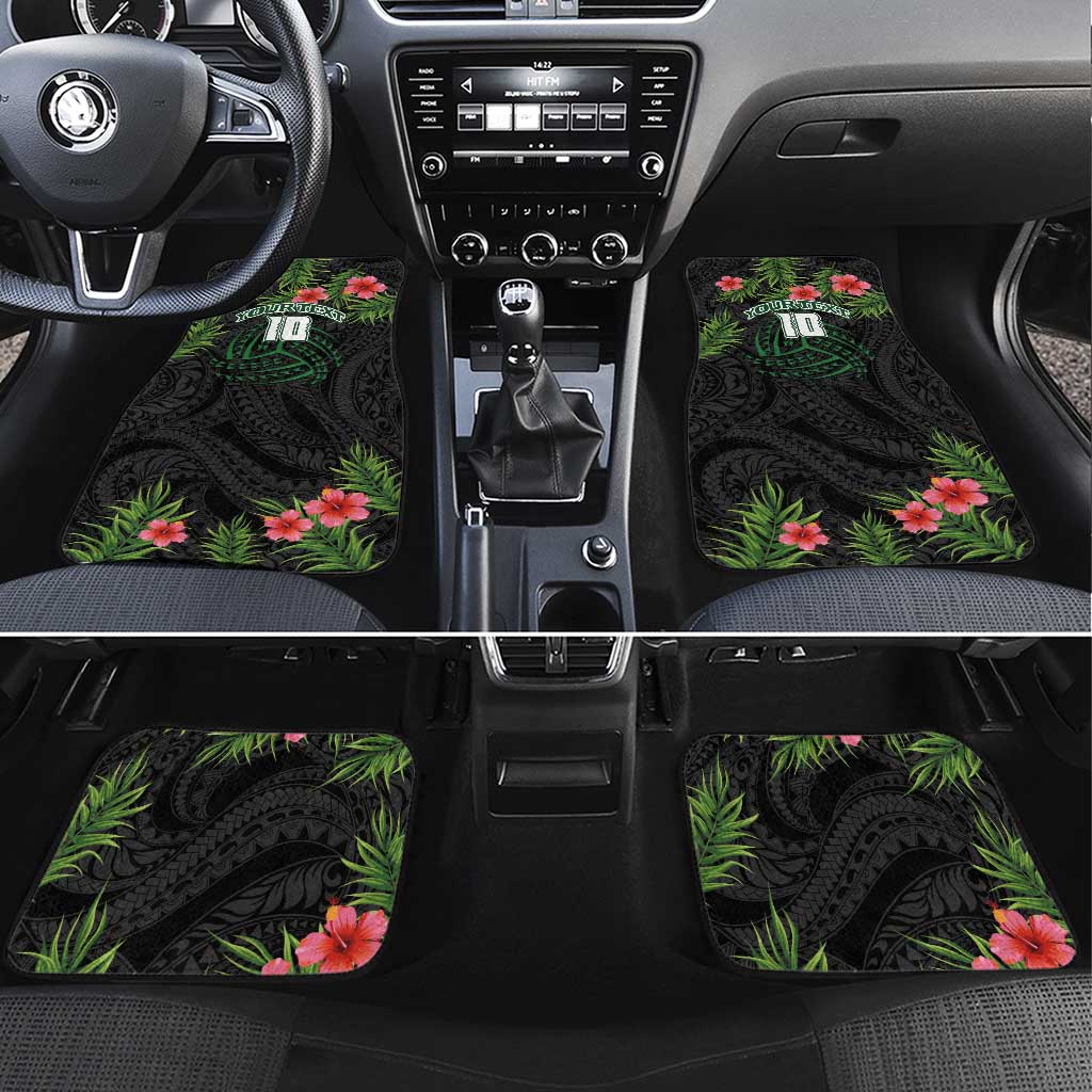 Custom Hawaii Volleyball Car Mats Kakau Abstract and Tropical Plants Black Color - Polynesian Pride