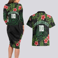 Custom Hawaii Volleyball Couples Matching Long Sleeve Bodycon Dress and Hawaiian Shirt Kakau Abstract and Tropical Plants Black Color - Polynesian Pride