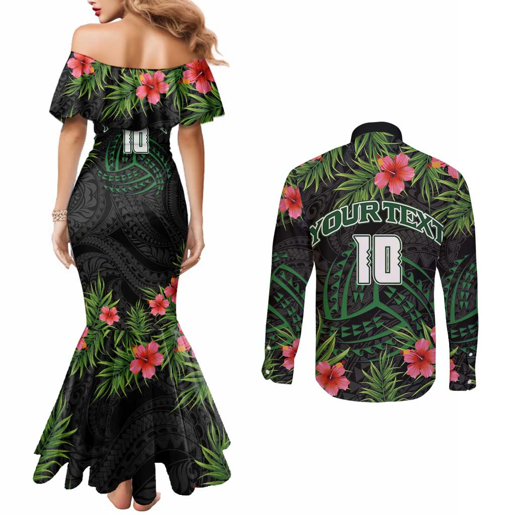 Custom Hawaii Volleyball Couples Matching Mermaid Dress and Long Sleeve Button Shirt Kakau Abstract and Tropical Plants Black Color - Polynesian Pride