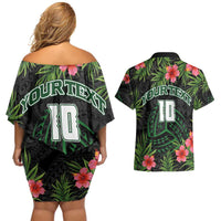 Custom Hawaii Volleyball Couples Matching Off Shoulder Short Dress and Hawaiian Shirt Kakau Abstract and Tropical Plants Black Color - Polynesian Pride