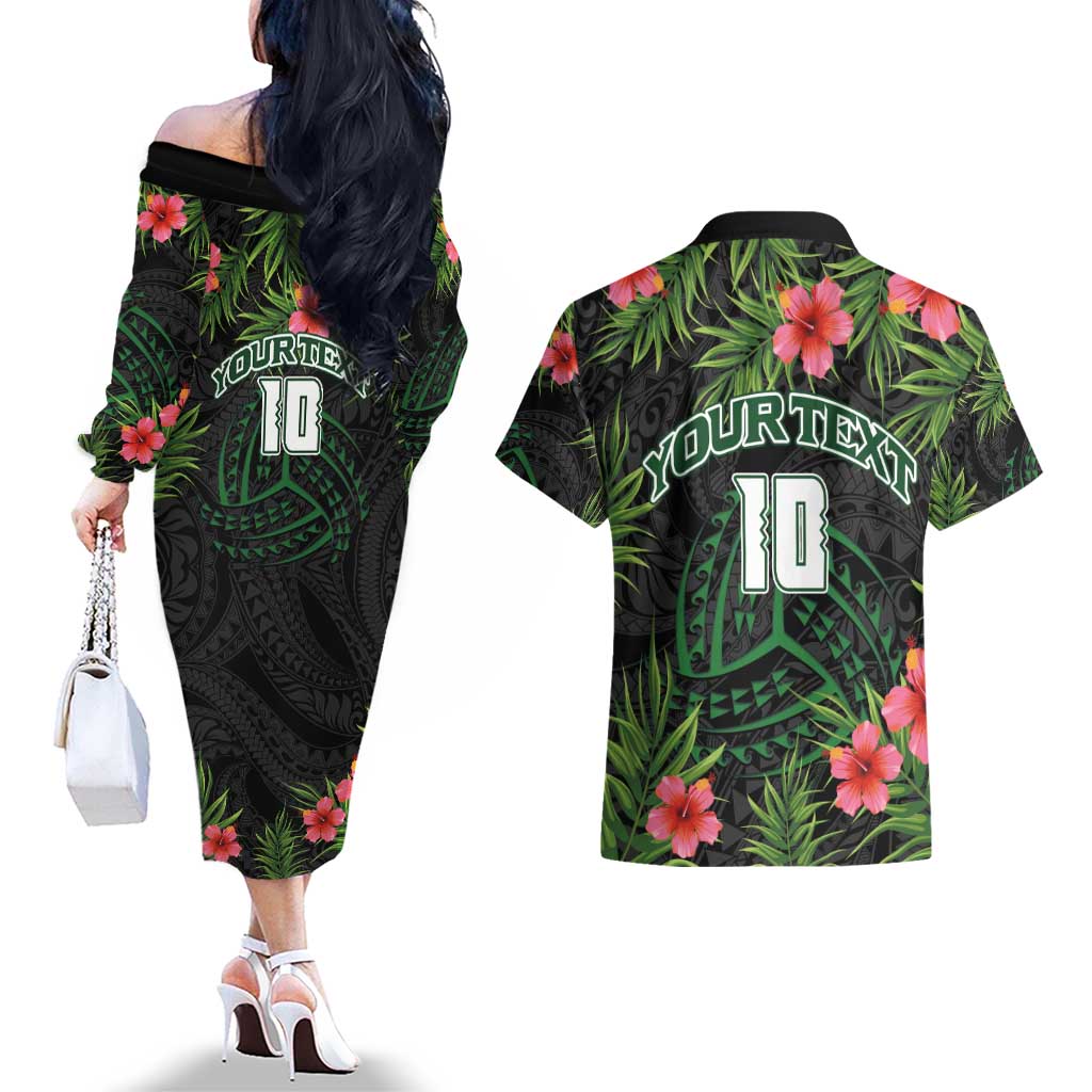 Custom Hawaii Volleyball Couples Matching Off The Shoulder Long Sleeve Dress and Hawaiian Shirt Kakau Abstract and Tropical Plants Black Color - Polynesian Pride