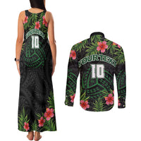 Custom Hawaii Volleyball Couples Matching Tank Maxi Dress and Long Sleeve Button Shirt Kakau Abstract and Tropical Plants Black Color - Polynesian Pride