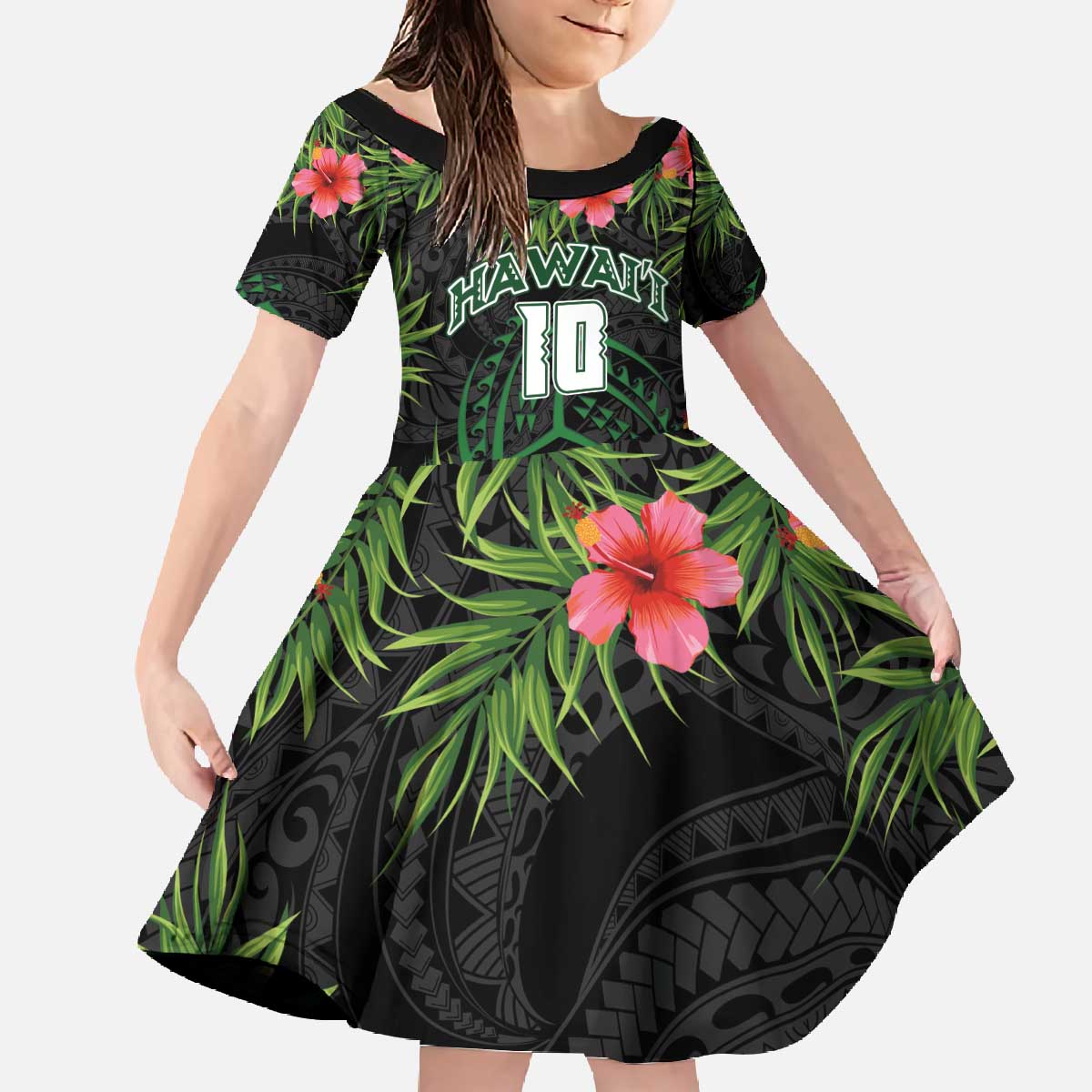 Custom Hawaii Volleyball Family Matching Off The Shoulder Long Sleeve Dress and Hawaiian Shirt Kakau Abstract and Tropical Plants Black Color - Polynesian Pride