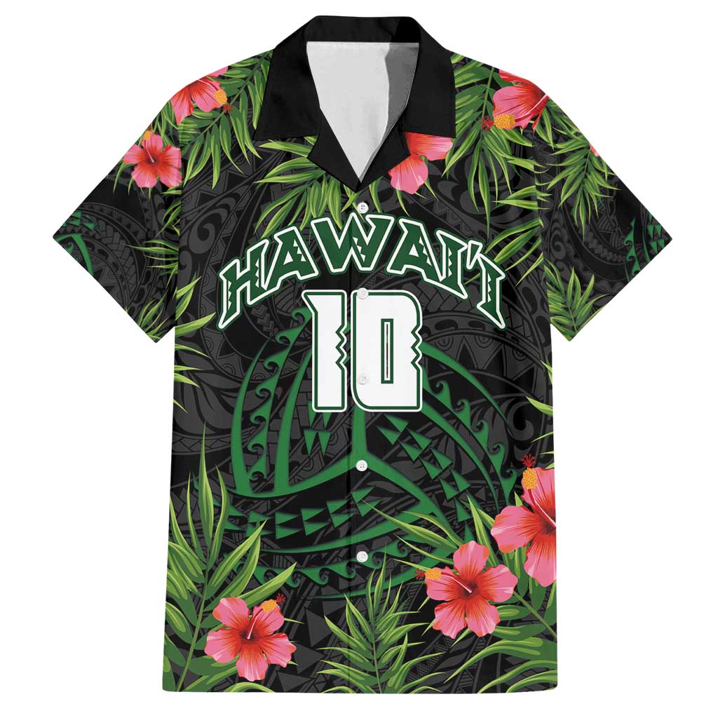 Custom Hawaii Volleyball Family Matching Off Shoulder Short Dress and Hawaiian Shirt Kakau Abstract and Tropical Plants Black Color - Polynesian Pride