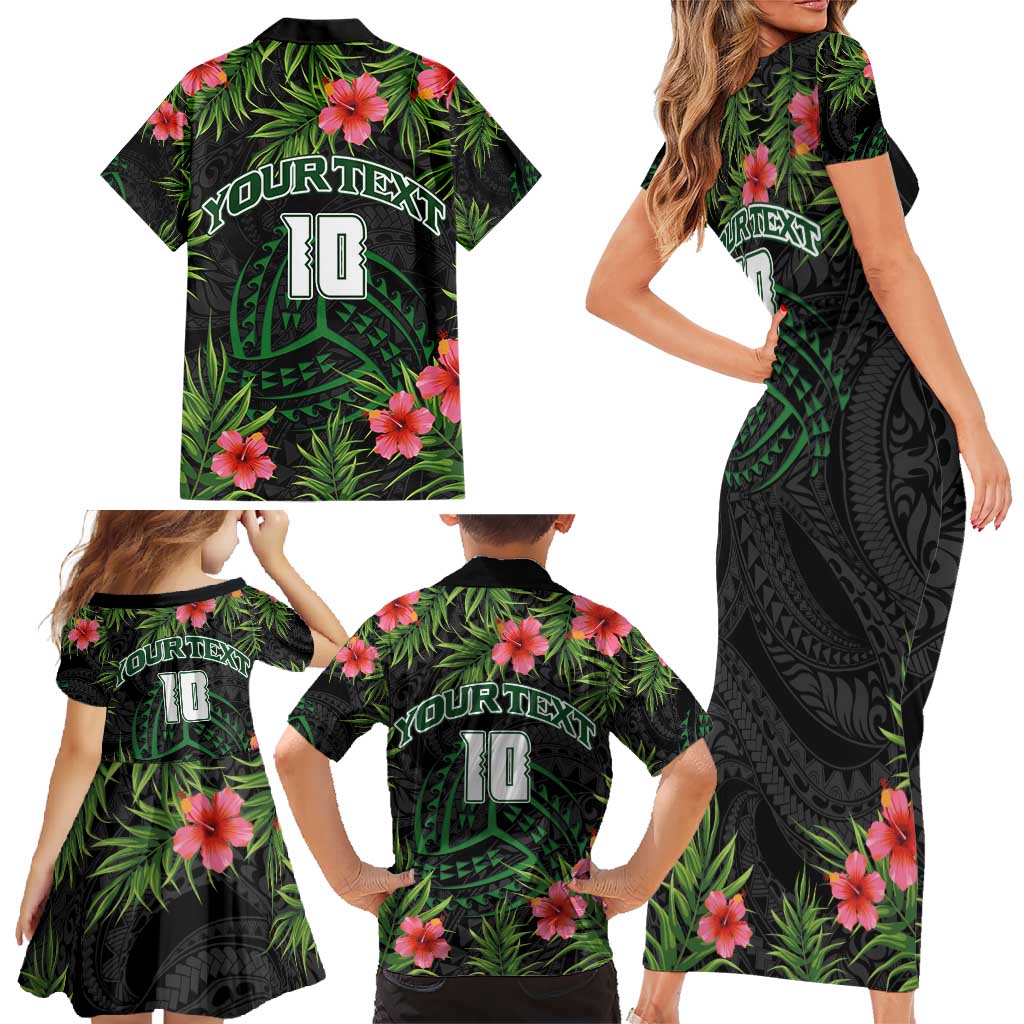 Custom Hawaii Volleyball Family Matching Short Sleeve Bodycon Dress and Hawaiian Shirt Kakau Abstract and Tropical Plants Black Color - Polynesian Pride