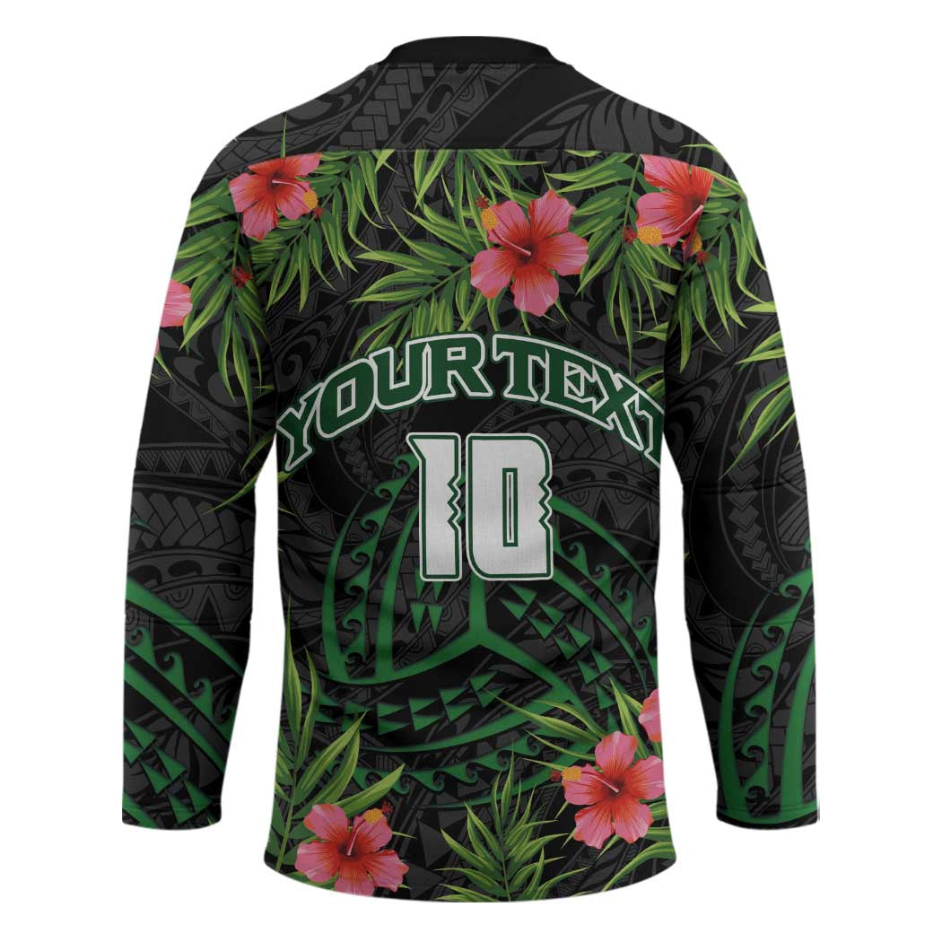 Custom Hawaii Volleyball Hockey Jersey Kakau Abstract and Tropical Plants Black Color - Polynesian Pride