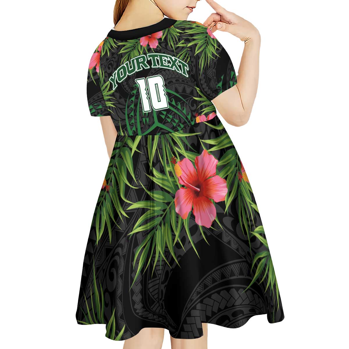 Custom Hawaii Volleyball Kid Short Sleeve Dress Kakau Abstract and Tropical Plants Black Color - Polynesian Pride